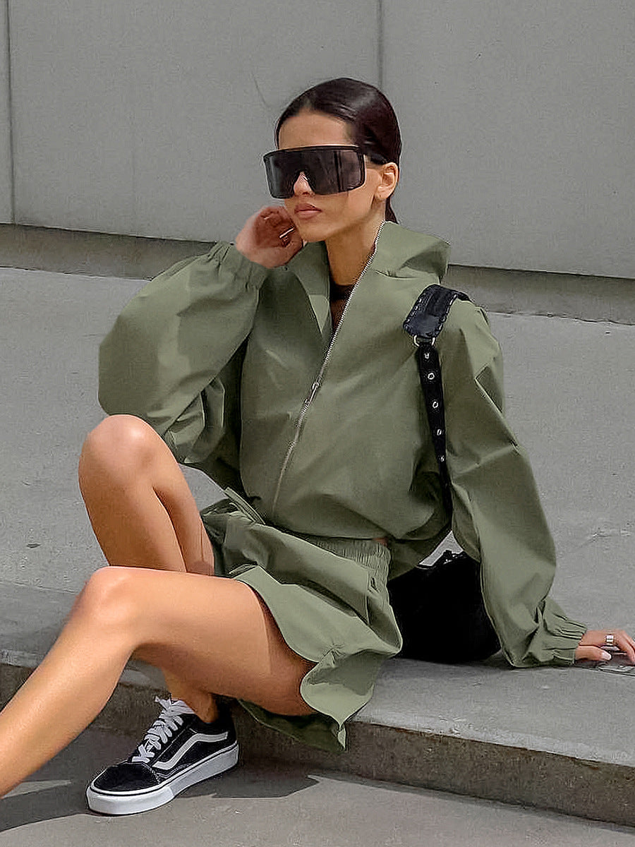 Green Windbreaker Autumn And Winter Loose Stand Collar Long Sleeve Top Split Shorts Casual Two Piece Set 5