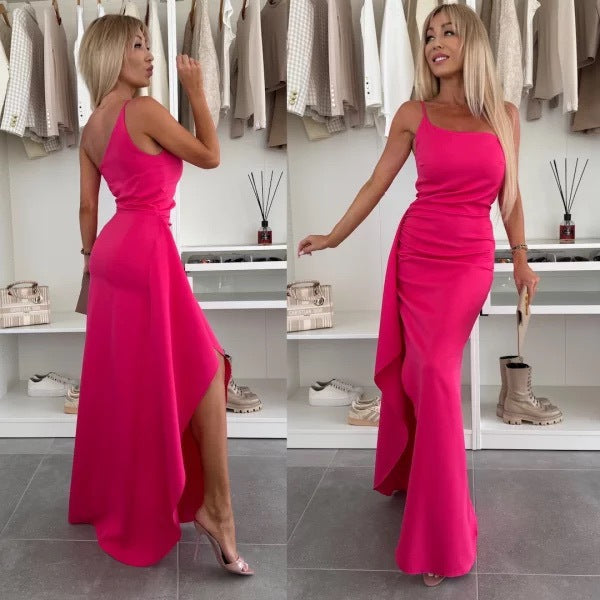 Summer Slash Shoulder Split Sleeveless Women's Sexy Slim Evening Dress
