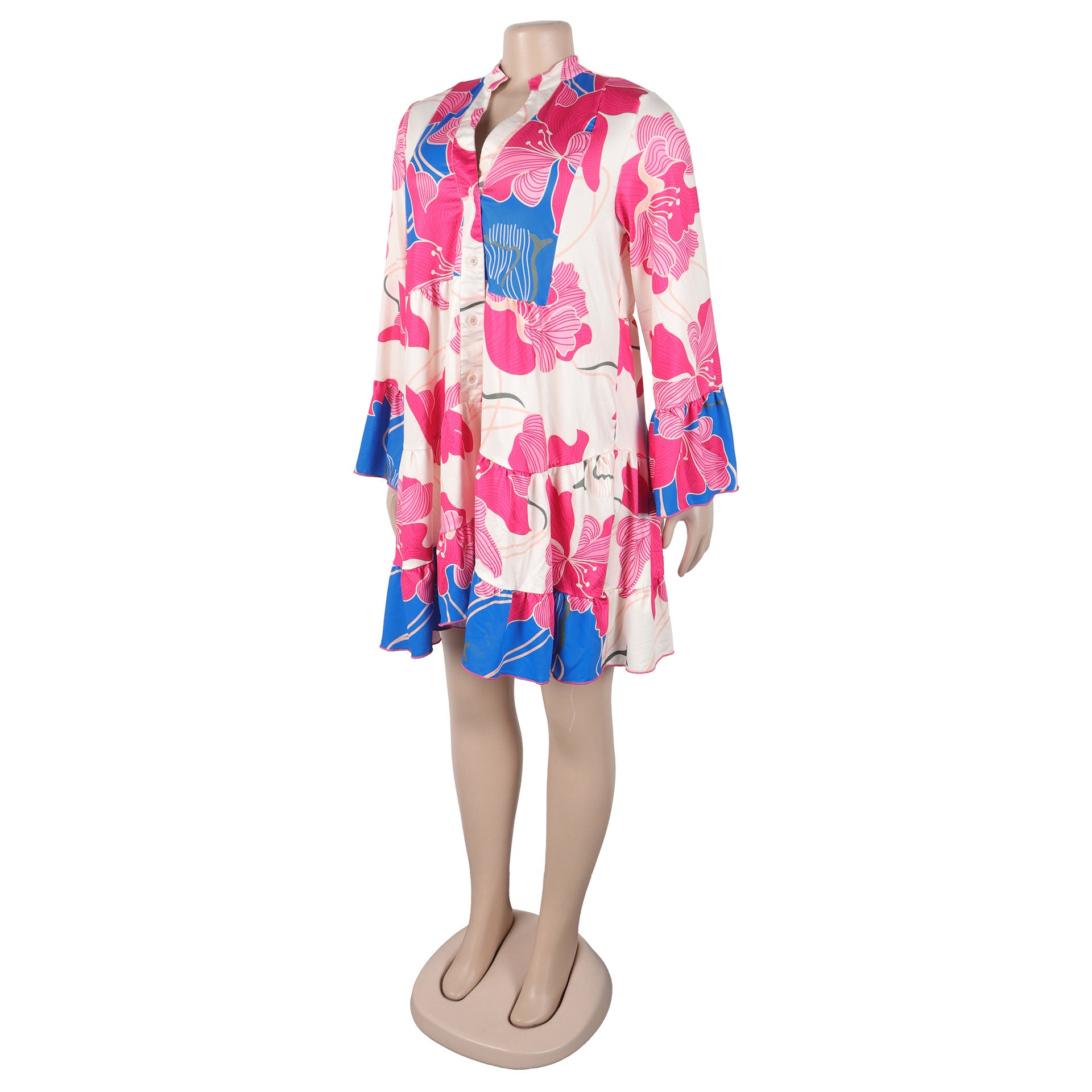 Women Elegant Floral Print V-Neck Patchwork Contrast Color Mini Dress 19