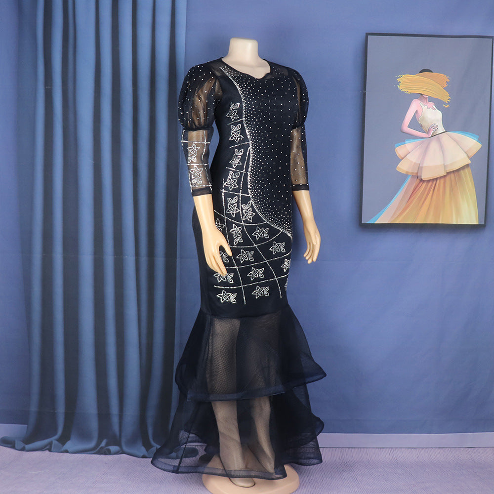 Women African mesh beaded fishtail dress with belt 4