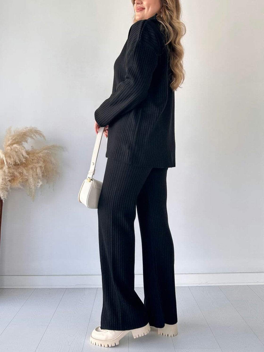 Women Solid Zipper Knitting High Neck Ribbed Top and Pant Two-piece Set 6