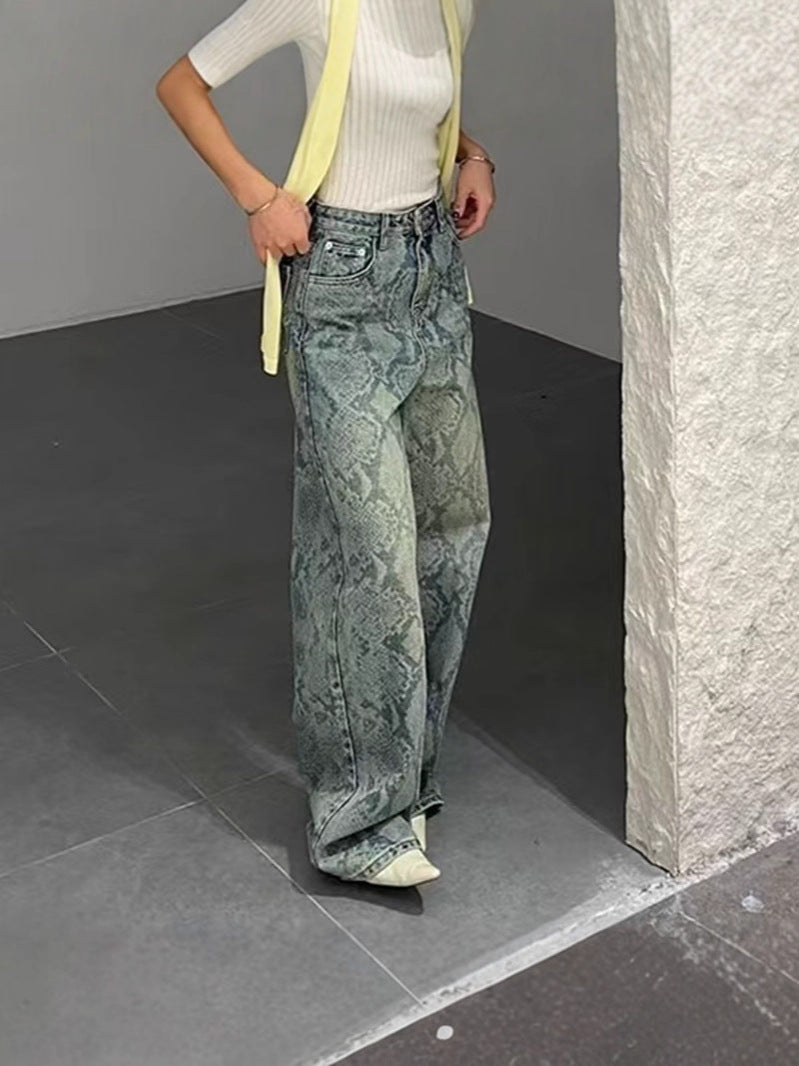 Women casual snake print denim Pant 6