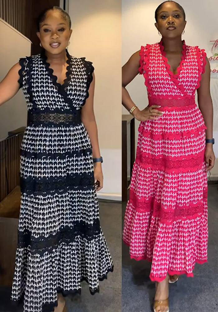 Chic V-Neck Ruffled Print Sleeveless Long Dress