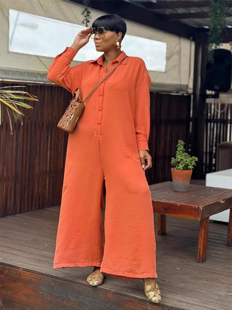 Plus Size Women Summer Casual Loose Round Neck Long Sleeve Wide Leg Jumpsuits 6