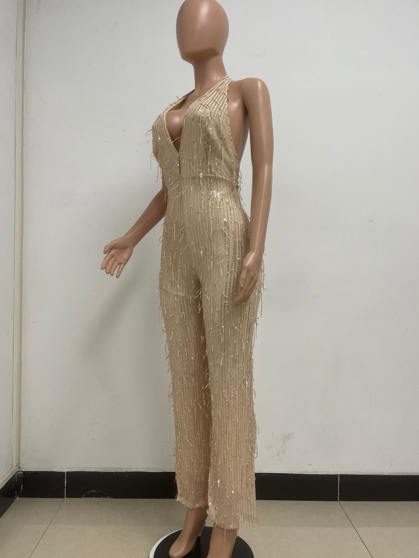 Women's Sleeveless Deep V Halter Neck Low Back Sequin Jumpsuit T 36