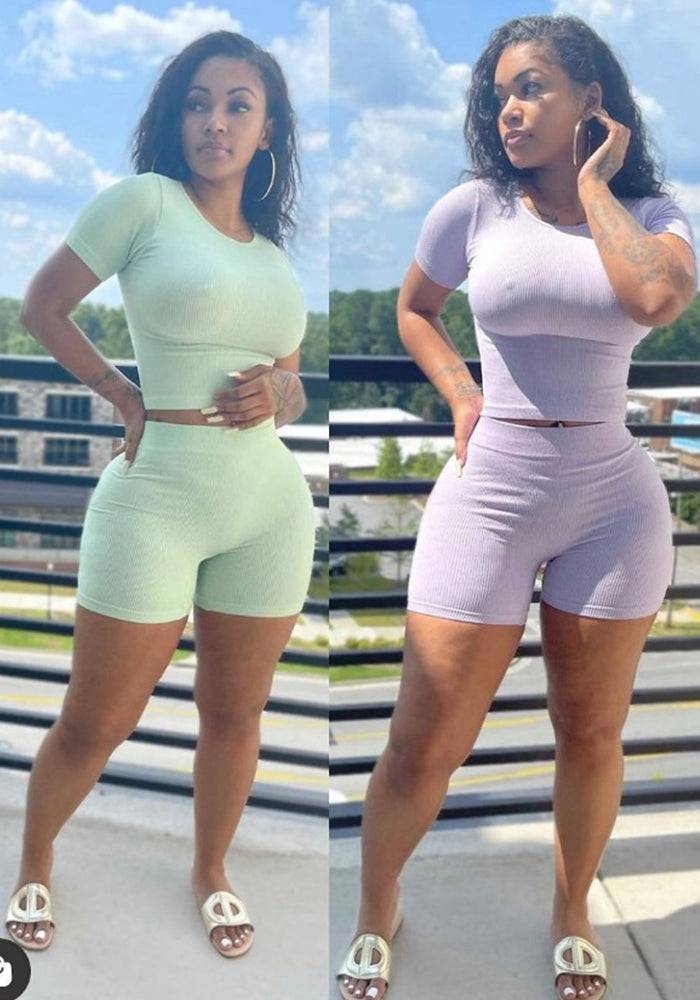 Women Solid Street Crop Top and Shorts Two-piece Set