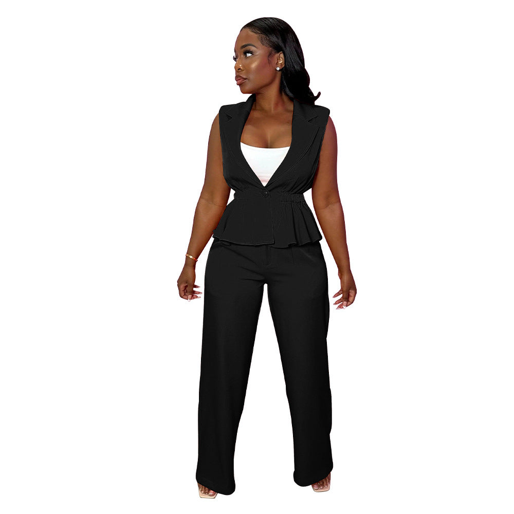 Fashion Women's Solid Color Turndown Collar Sleeveless Casual Two Piece Suit 7