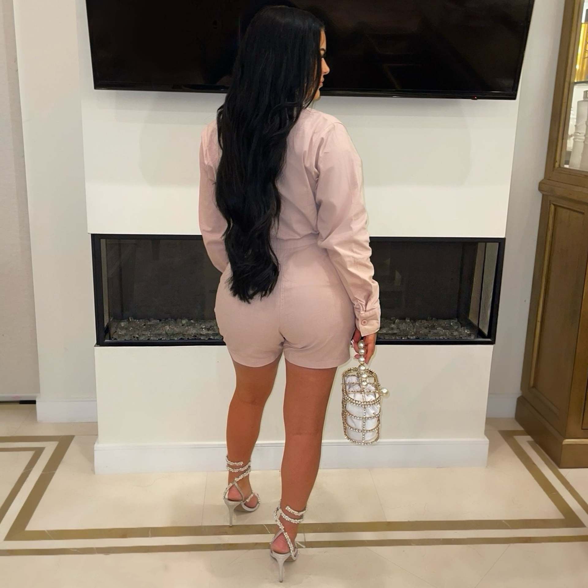 Summer Fashion Women's Solid Color Flower Long Sleeve Shirt Pocket Shorts Two-Piece Set 4