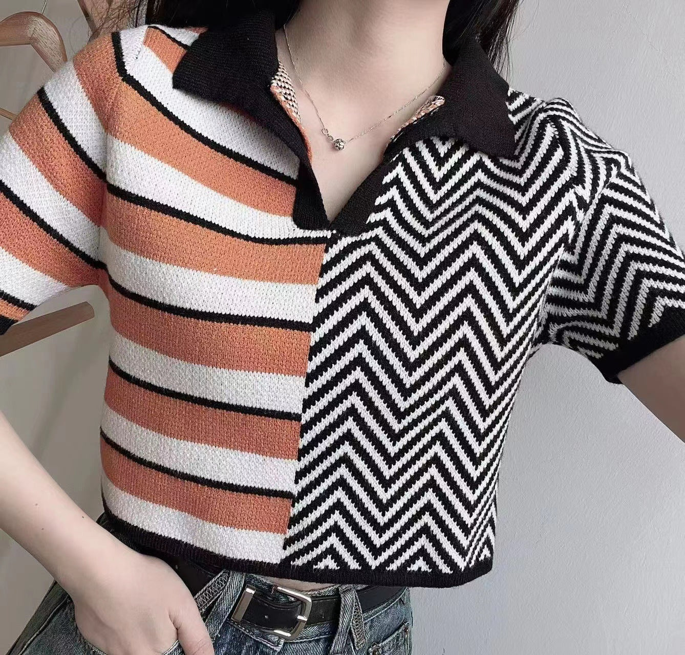 Women Patchwork Contrast Color Polo Shirt V-Neck Short Sleeve T-Shirt 7