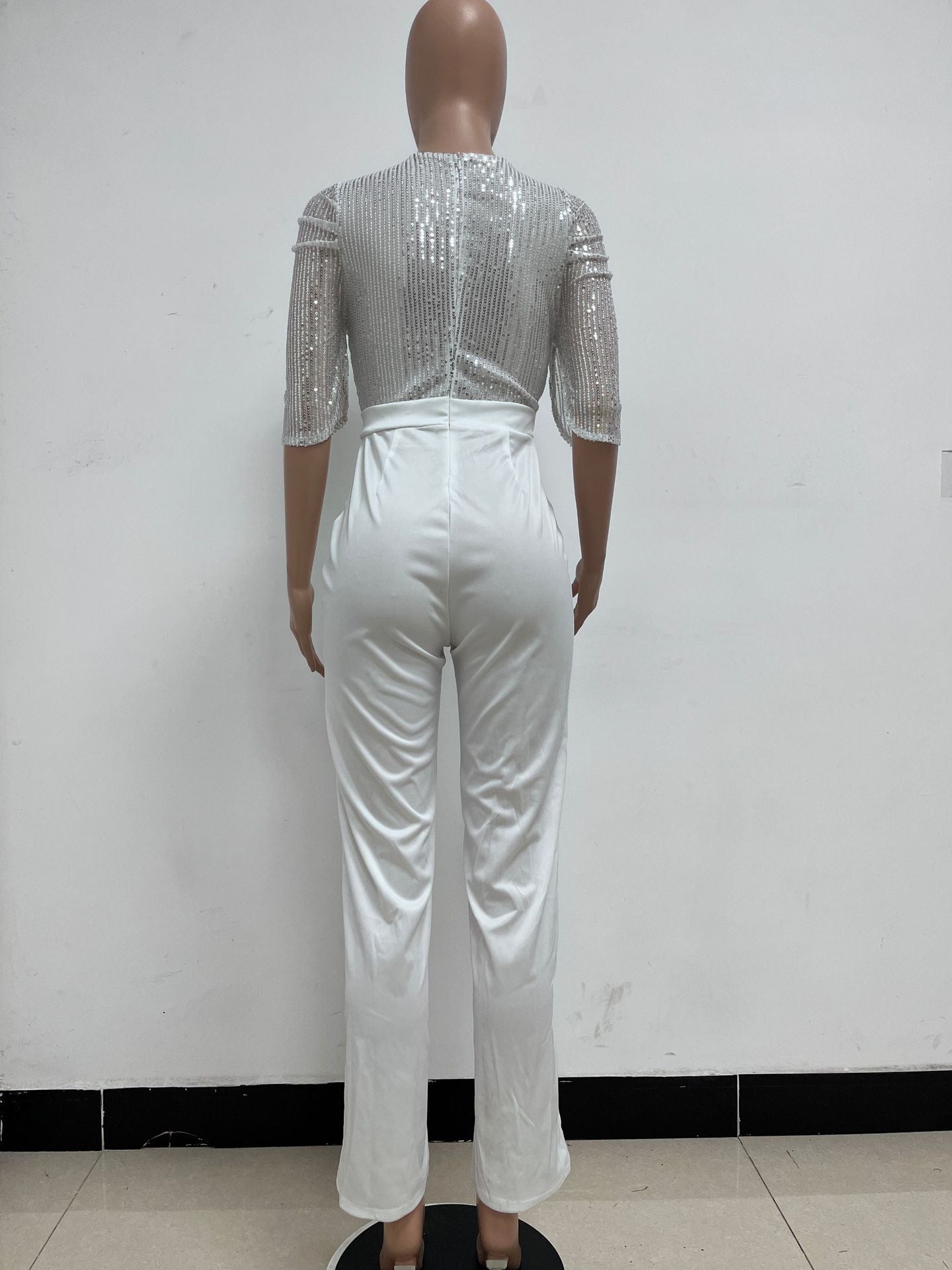 Women's Fashion Sequins Half Sleeve Wide-Leg Chic Ladies Jumpsuit 24