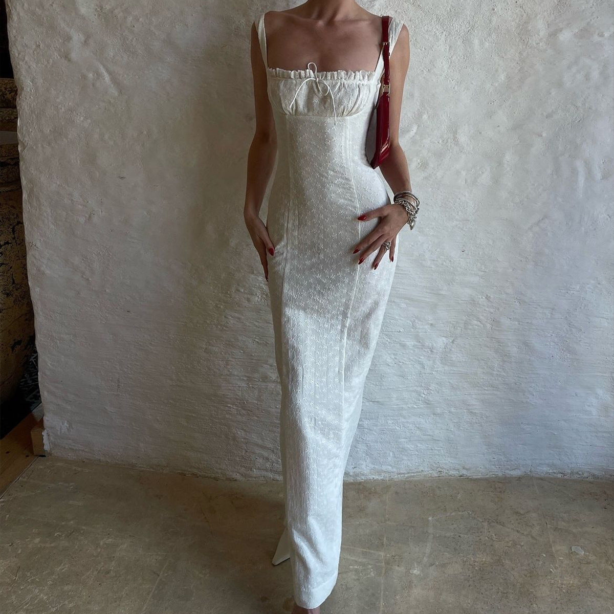 Women Square Neck Embroidered Holidays Maxi Strap Dress