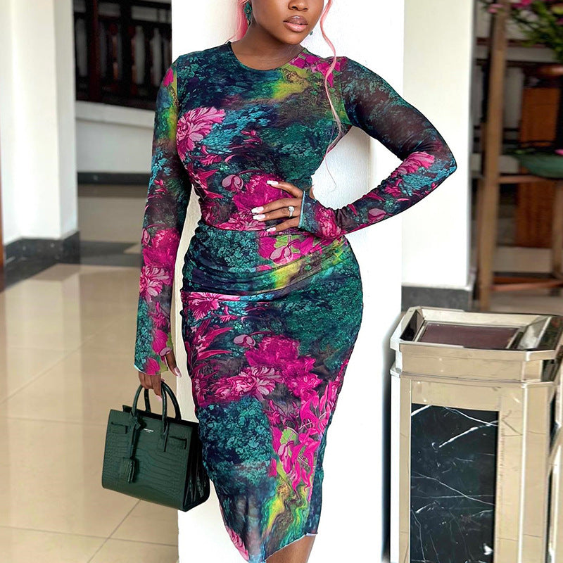 Women Elegant Printed Bodycon Round Neck Long Sleeve Dress 5