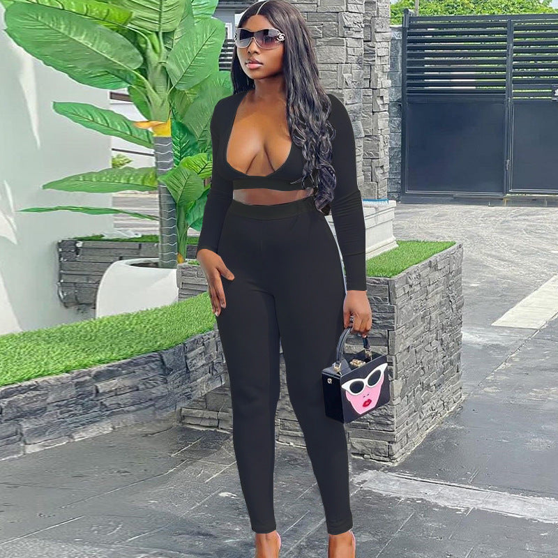 Women's Casual Sexy Solid Color Tight Slim Long Sleeve Top & Fitted Pants Set 4