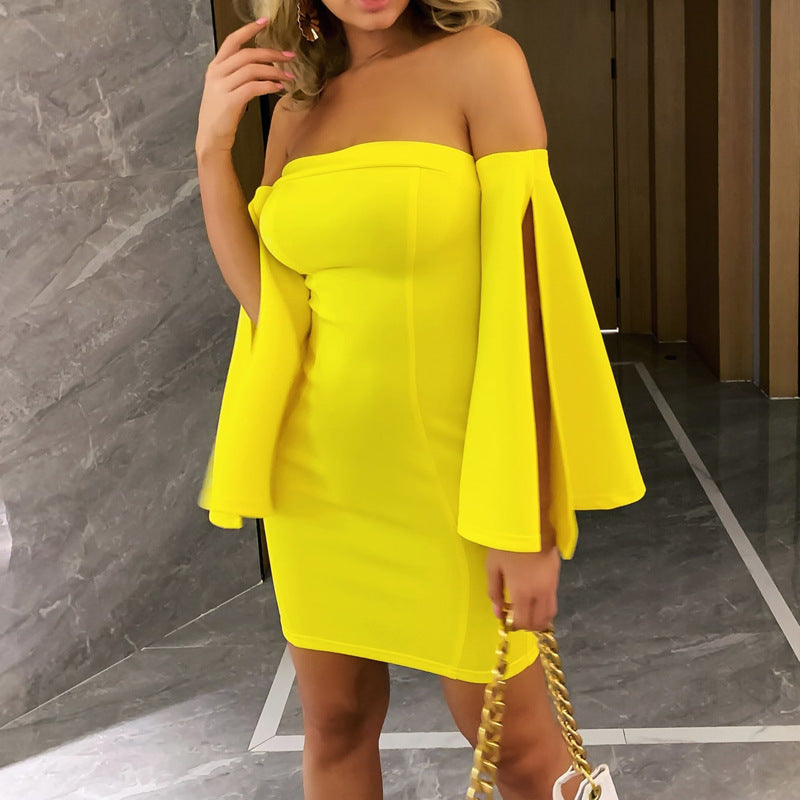 Women Long Sleeve Strapless Sexy Solid Slit Bodycon Mini Dress 5