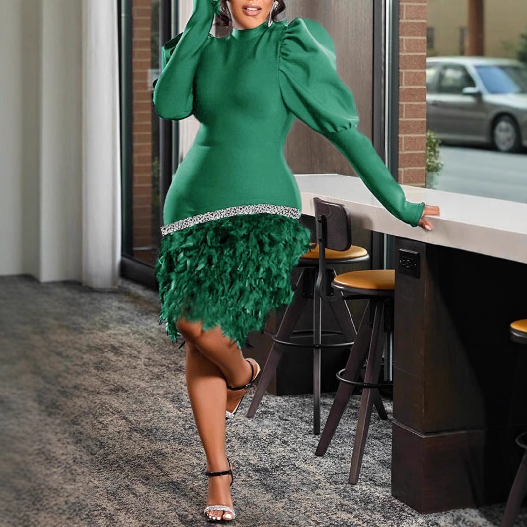 Women Red Lantern Long Sleeve Feather Dress 6