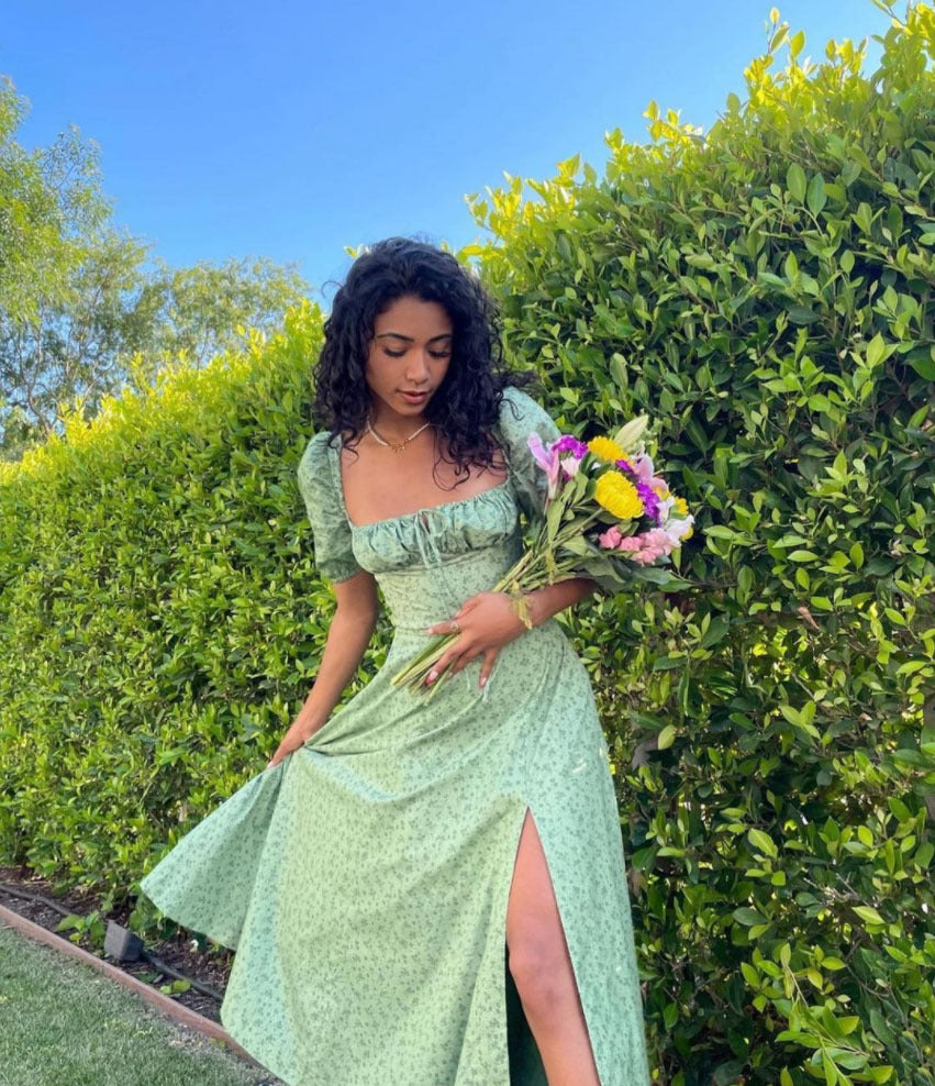 Women's summer fashion puff sleeve floral tie high slit long summer dress 12