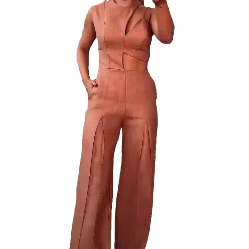 Summer Fashion Round Neck High Waist Solid Color Hollow Wide Leg Jumpsuit 6