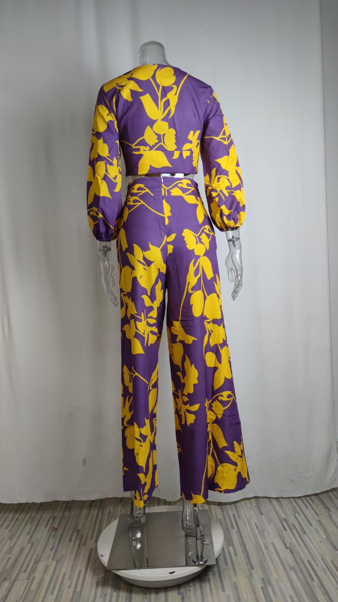 Women v-neck lantern sleeve short top and wide-leg pants two-piece set 21