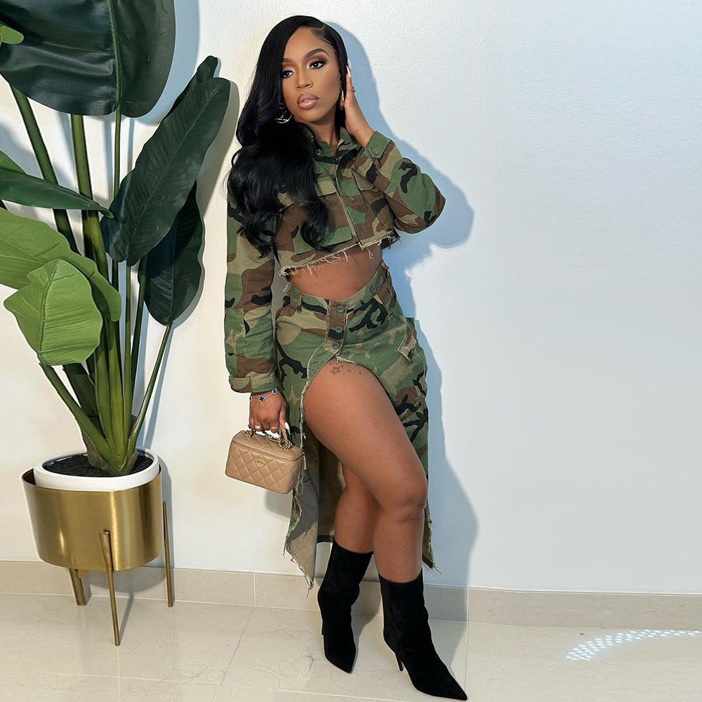 Spring Summer Casual Camouflage Print Turndown Collar Long Sleeve Jacket Slit Midi Skirt Two Piece Set For Women 5