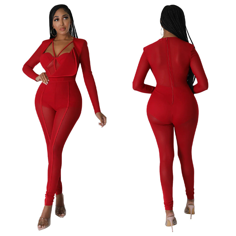 Women Sexy See-Through V-Neck Jumpsuit 10