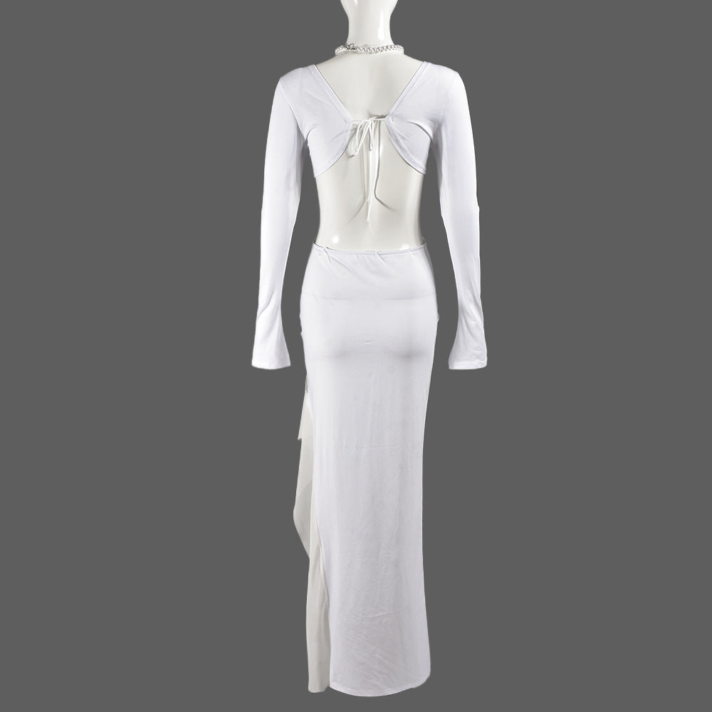 Summer Sexy Women's Clothing Long Sleeve V-Neck Lace-Up Long Dress 7