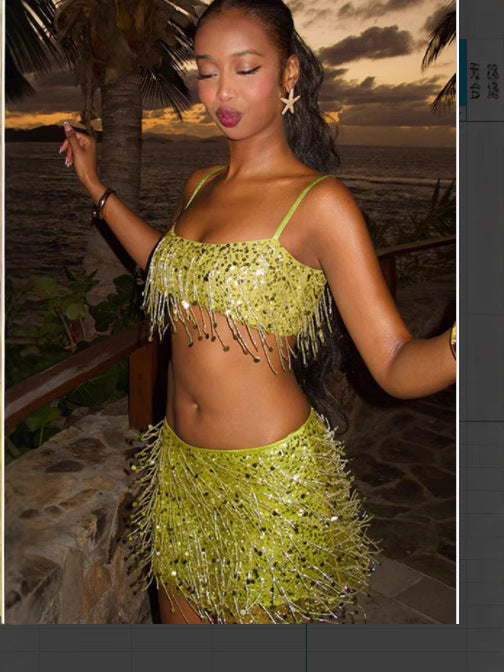 Slim sequins Trendy fashion tassel Strap skirt set 5