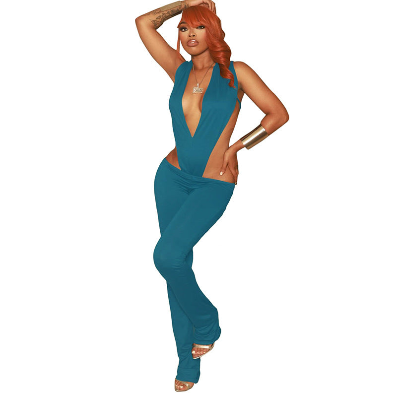 Women Spring and Summer Sexy V Neck Sleeveless Bodysuit and Flared Pants Two-piece Set 19