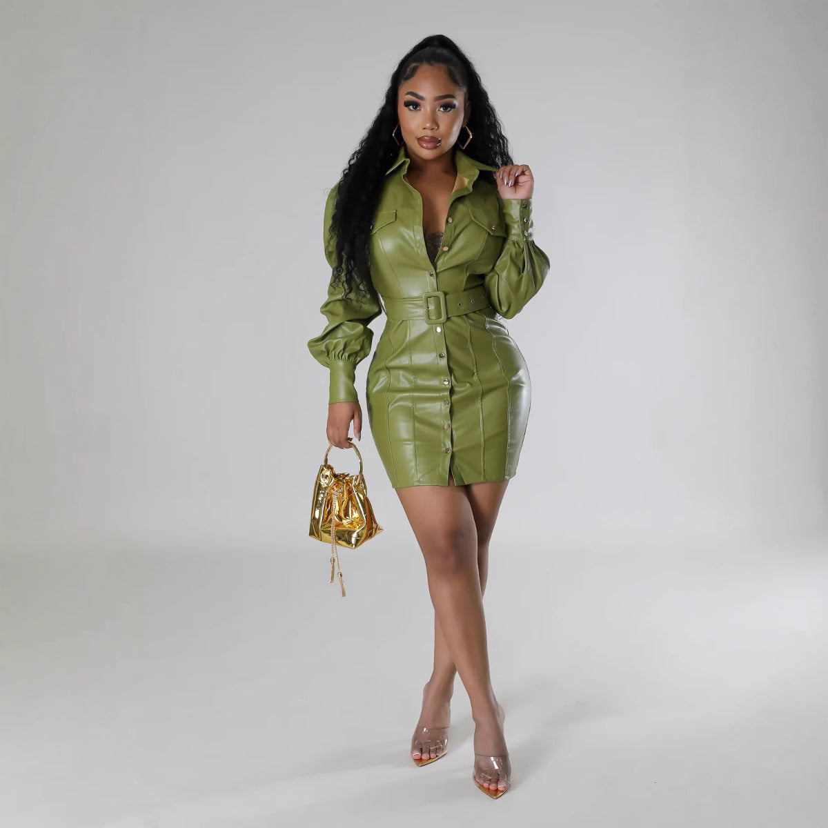 Women Pu Leather Long Sleeve Turndown Collar Dress 9