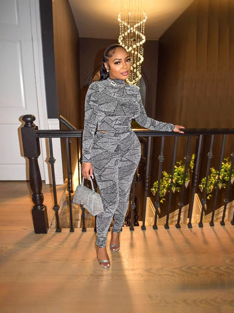 Women's Spring Autumn Fashion Jacquard Half-High Collar Pullover Silver Silk Top Trousers Two Piece Set 3