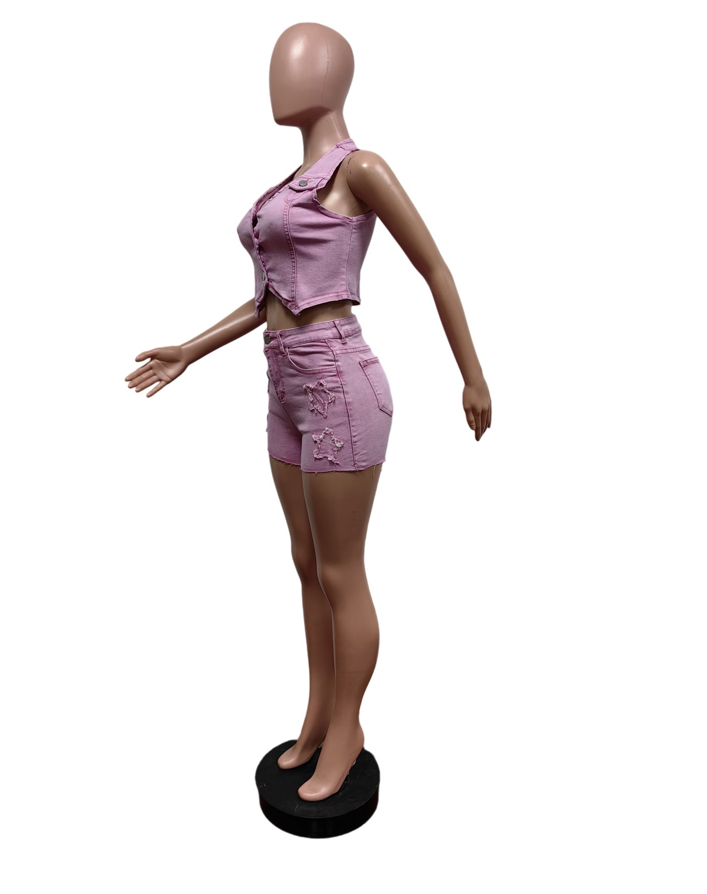Stretch Denim Embroidered Vest Shorts Suit For Women 7