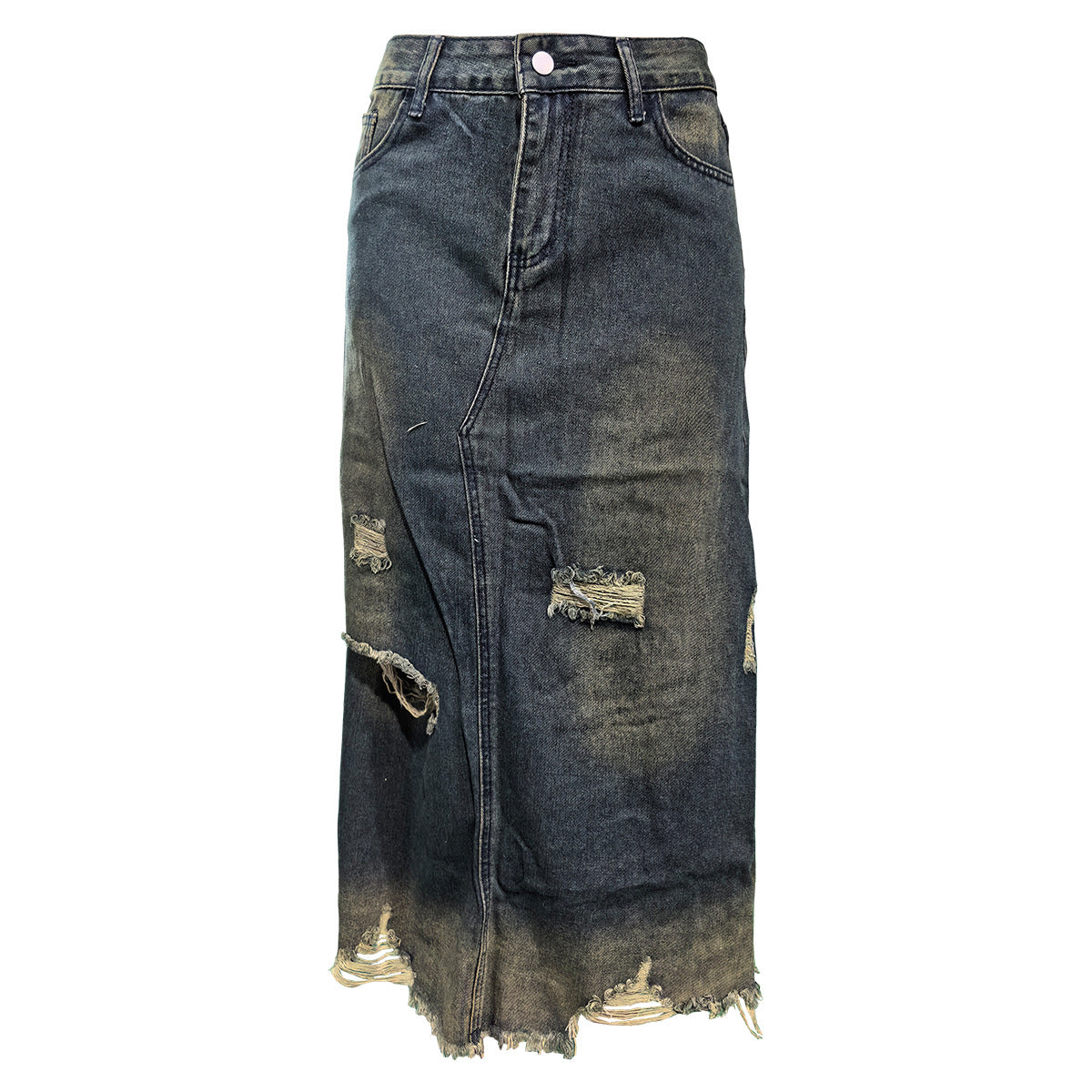 Pocket Distressed Ripped Straight Fit Loose Denim Skirt 6