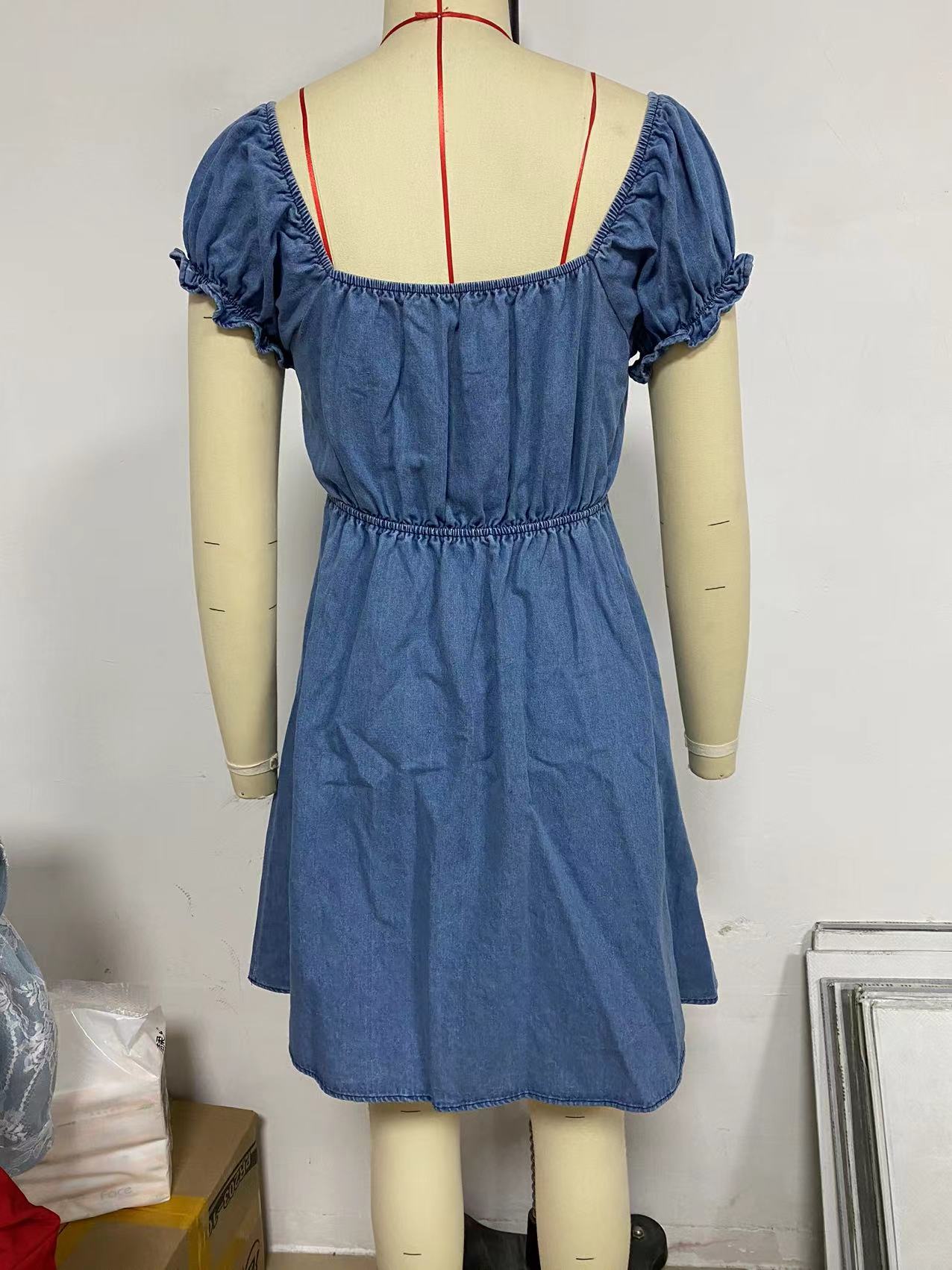 Women Hollow Lace Puff Sleeve Denim Dress 9