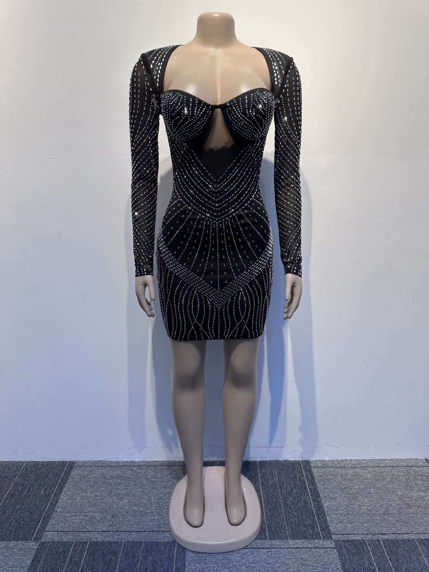 Women Sexy Long Sleeve Beaded Backless Hollow Solid Dress 13