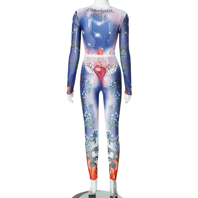 Women's Autumn Fashion Printed Sexy Long Sleeve One-Piece Bodysuit Pants Set 5