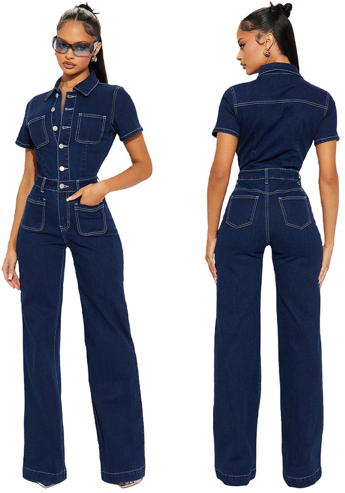 Short Sleeve Washed Denim Wide-Leg Jumpsuit