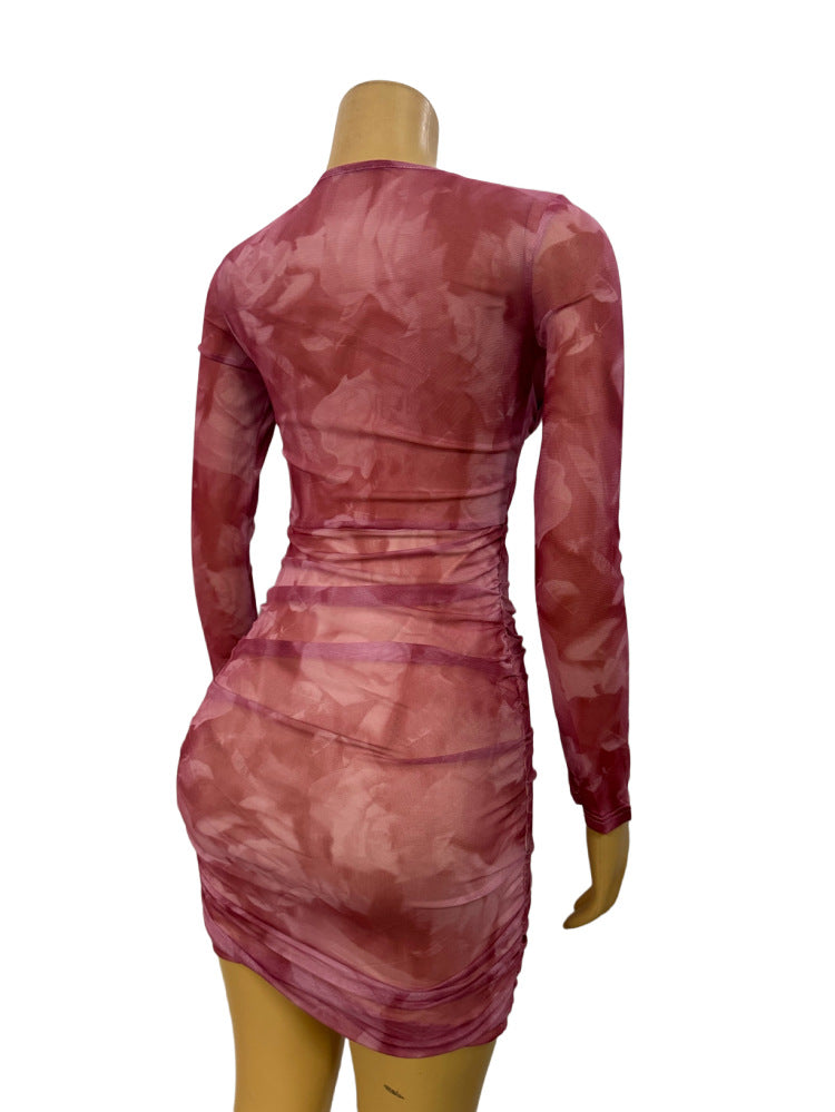 Women Mesh See-Through Sexy Pleated Bodycon Long Sleeve Dress 4