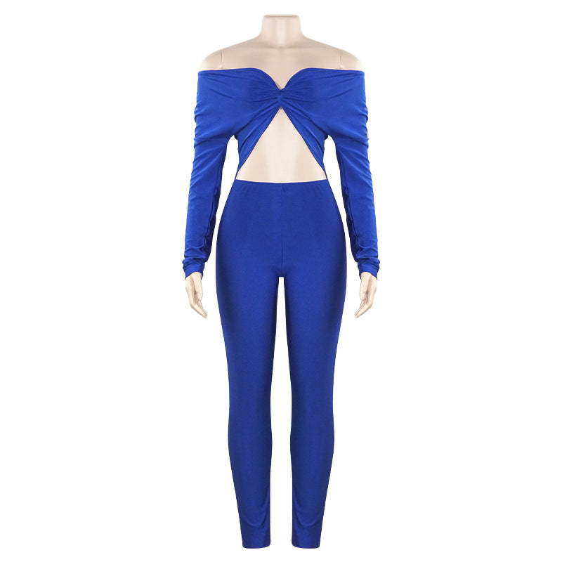 Spring Solid Color V-Neck Off Shoulder Knot Hollow Sexy High Waist Long Sleeve Jumpsuit 13
