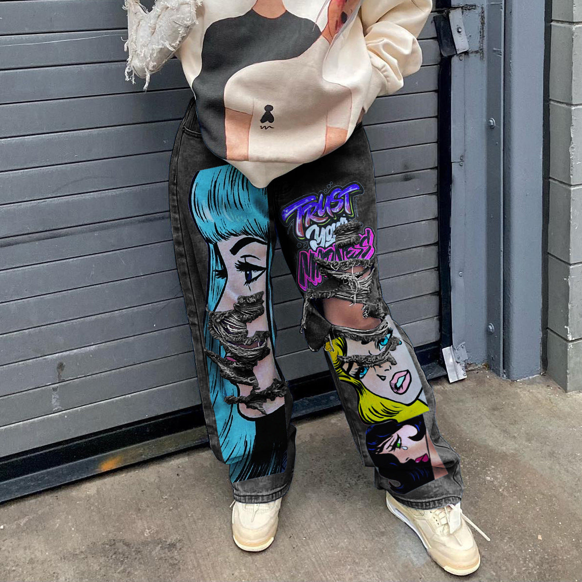 High Waist Cut Out Straight Wide Leg Jeans Winter Women's Clothes 7