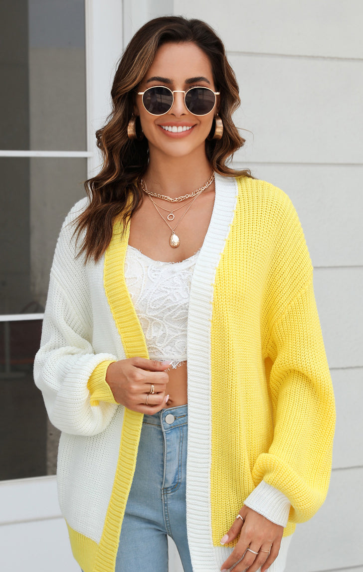 Plus Size Women Loose Patchwork Colorblock Knitting Cardigan Sweater 4