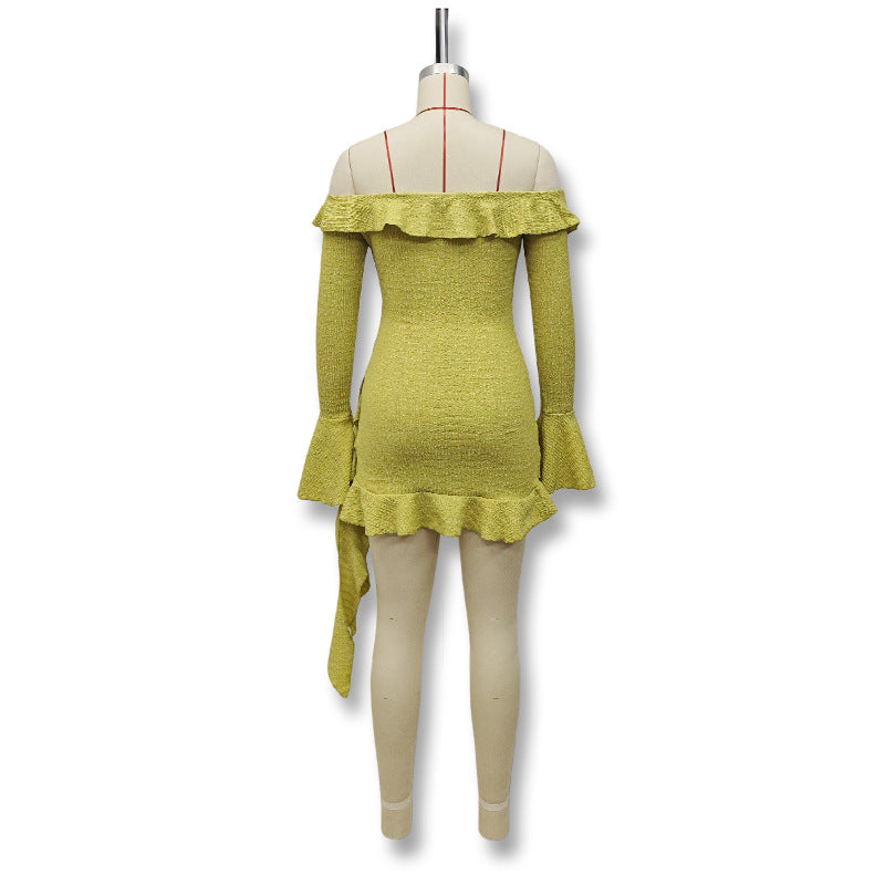 Autumn Women long-sleeved Bell Bottom sleeves Off Shoulder ruffle dress 10