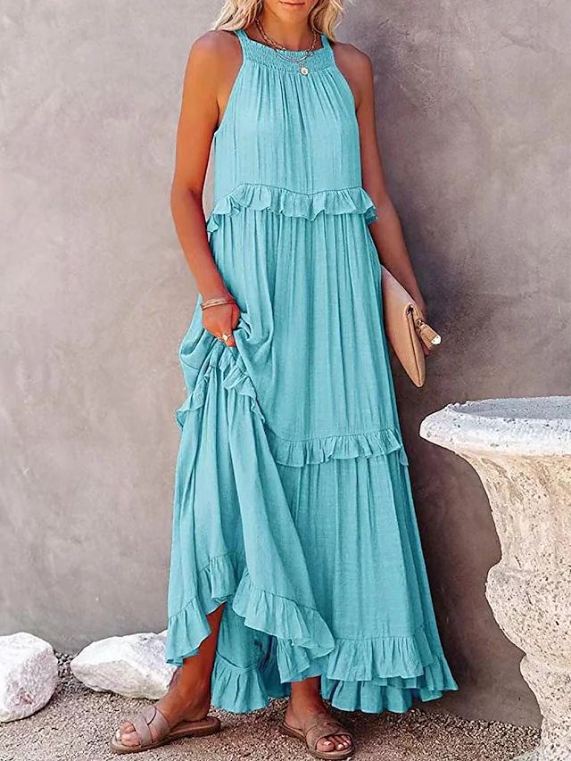 Summer Holidays Ruffle Long Dress Swing Elegant Beach Dress Women 10