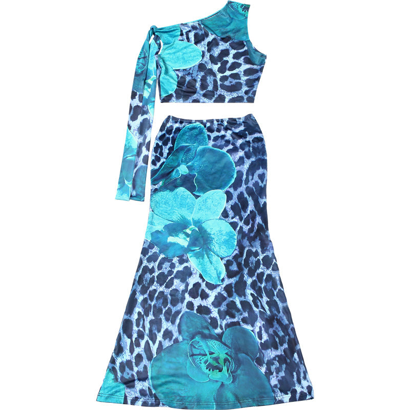 Women Summer Style Sleeveless Contrast Leopard Flower Print Crop Top and Skirt Two-Piece Set 9