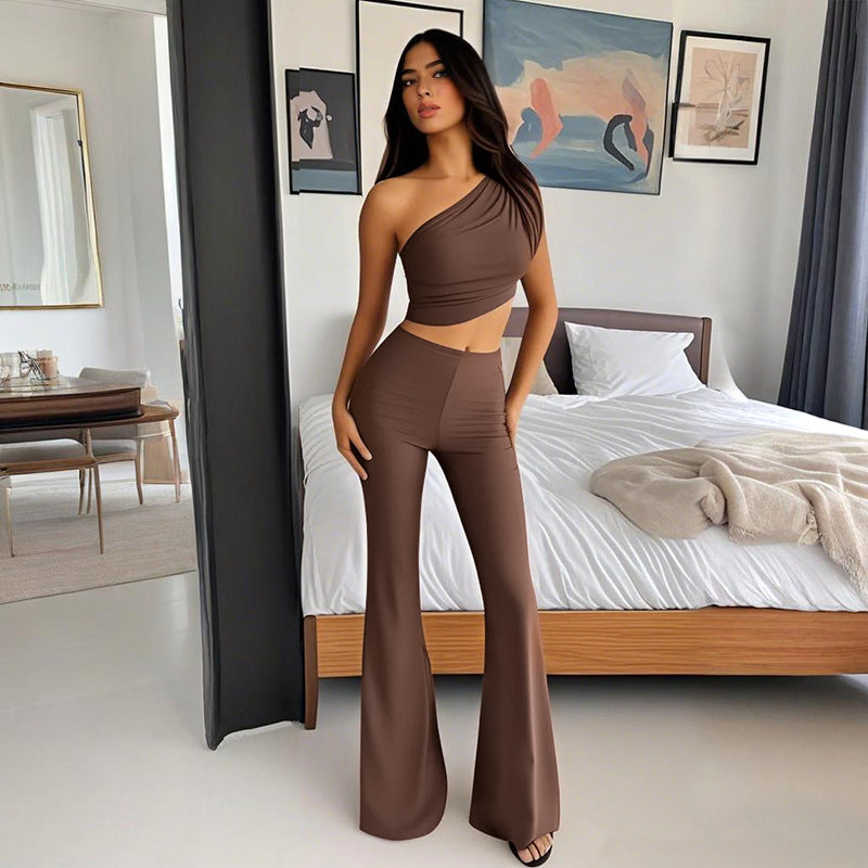 Women Casual Solid One Shoulder Crop Top and Pants Two-piece Set 4