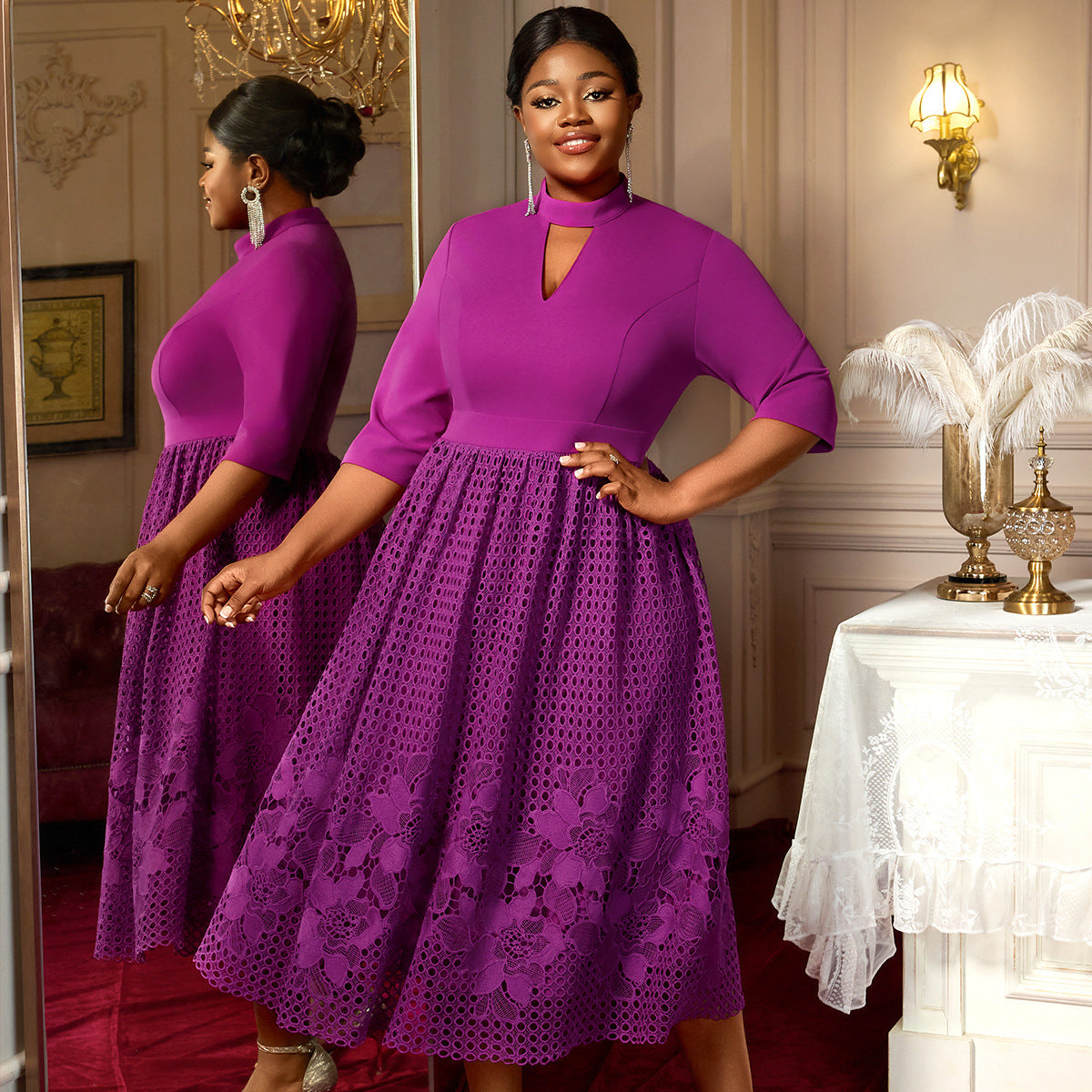 Plus Size Patchwork Lace High-Neck A-Line 3/4 Sleeve Elegant Dress 9