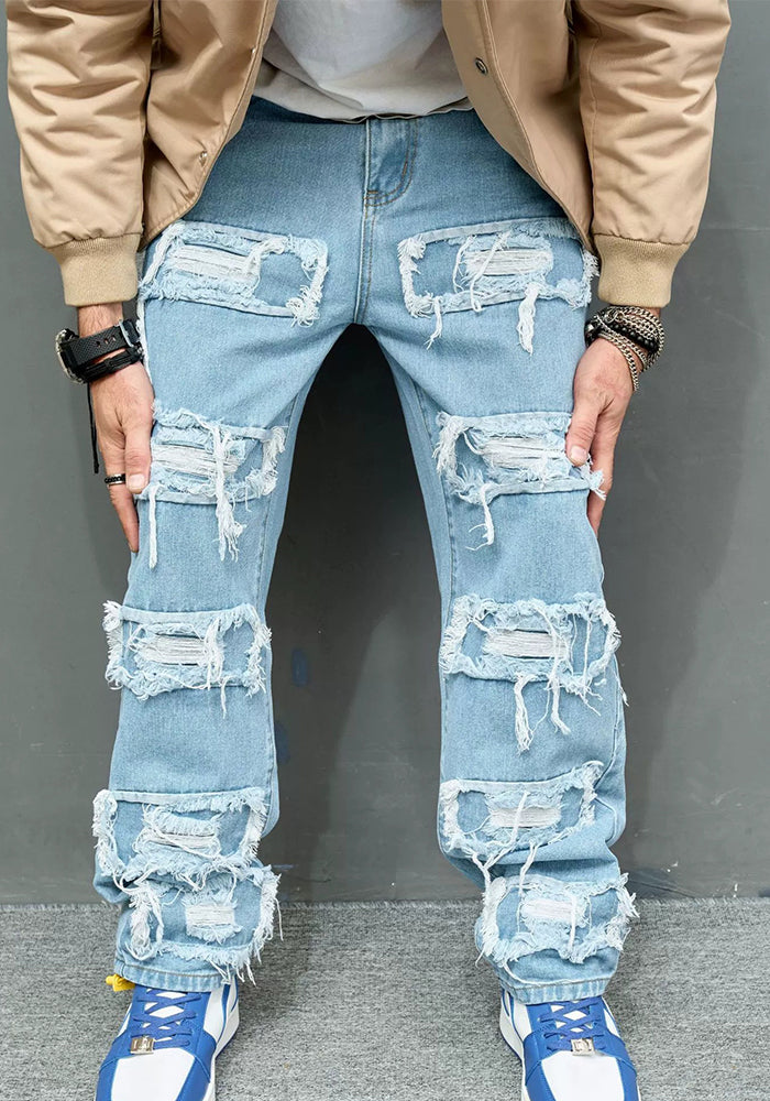 Men's Raw Denim Pants Solid Color Slim Fit Skinny Stretch Ripped Destroyed Slim Long Pants