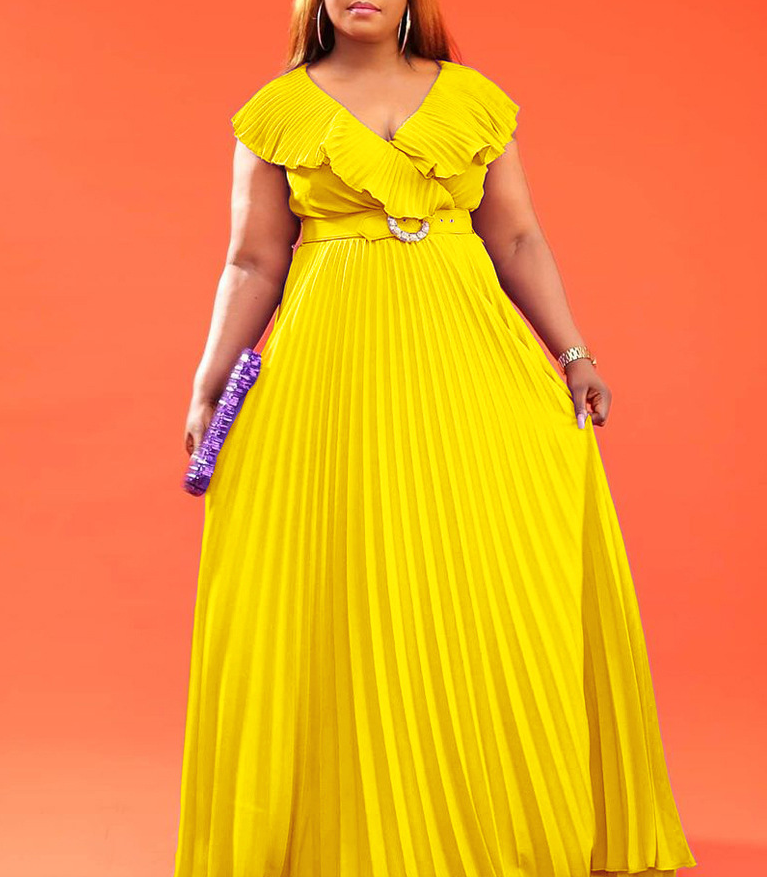 Women Summer Sexy Ruffled Pleated Maxi Dress with Belt