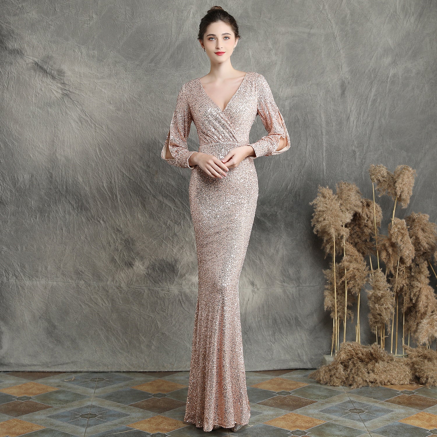 Women Formal Party Elegant Long Sleeve Sequin Fishtail Evening Dress 5