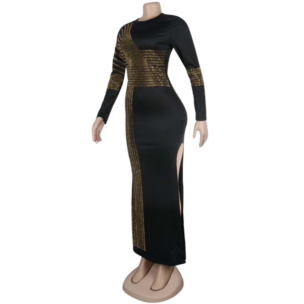 Black and Gold Sequins Slit Evening Dress with Sleeves 6