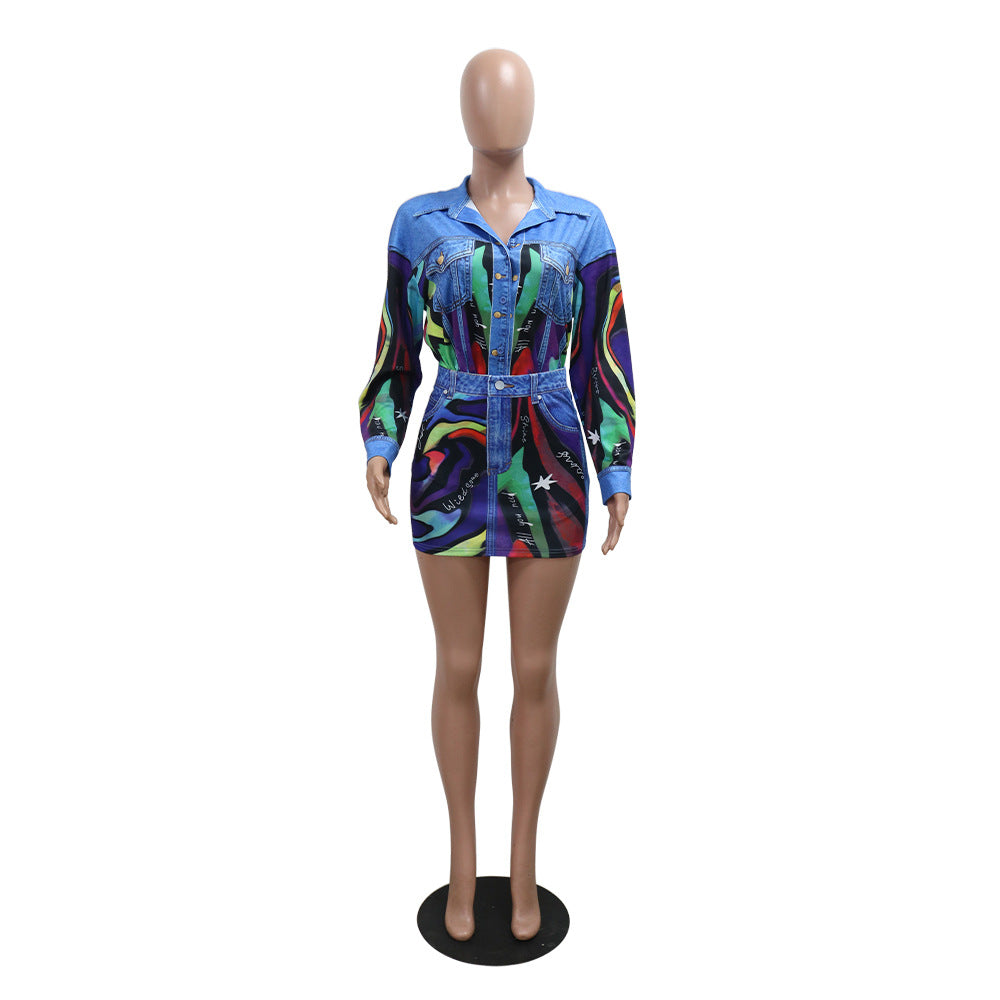 Women's Printed Turndown Collar Long Sleeve Shirt Top Sexy Slim Bodycon Short Skirt Two-Piece Set 6