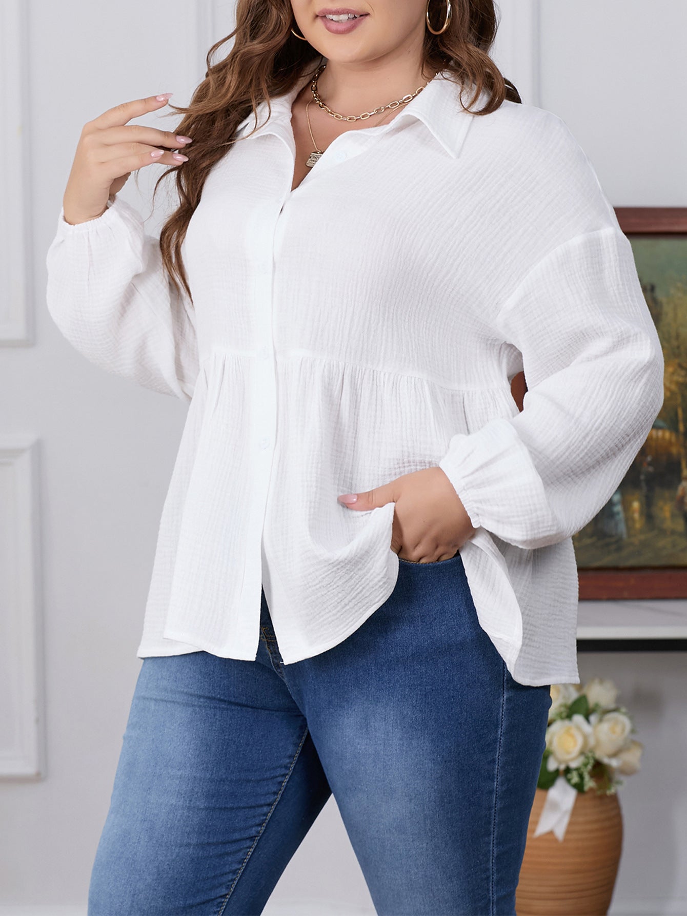 Plus Size Women's Tops Solid Color Fashion Career Long-Sleeved Shirt 4